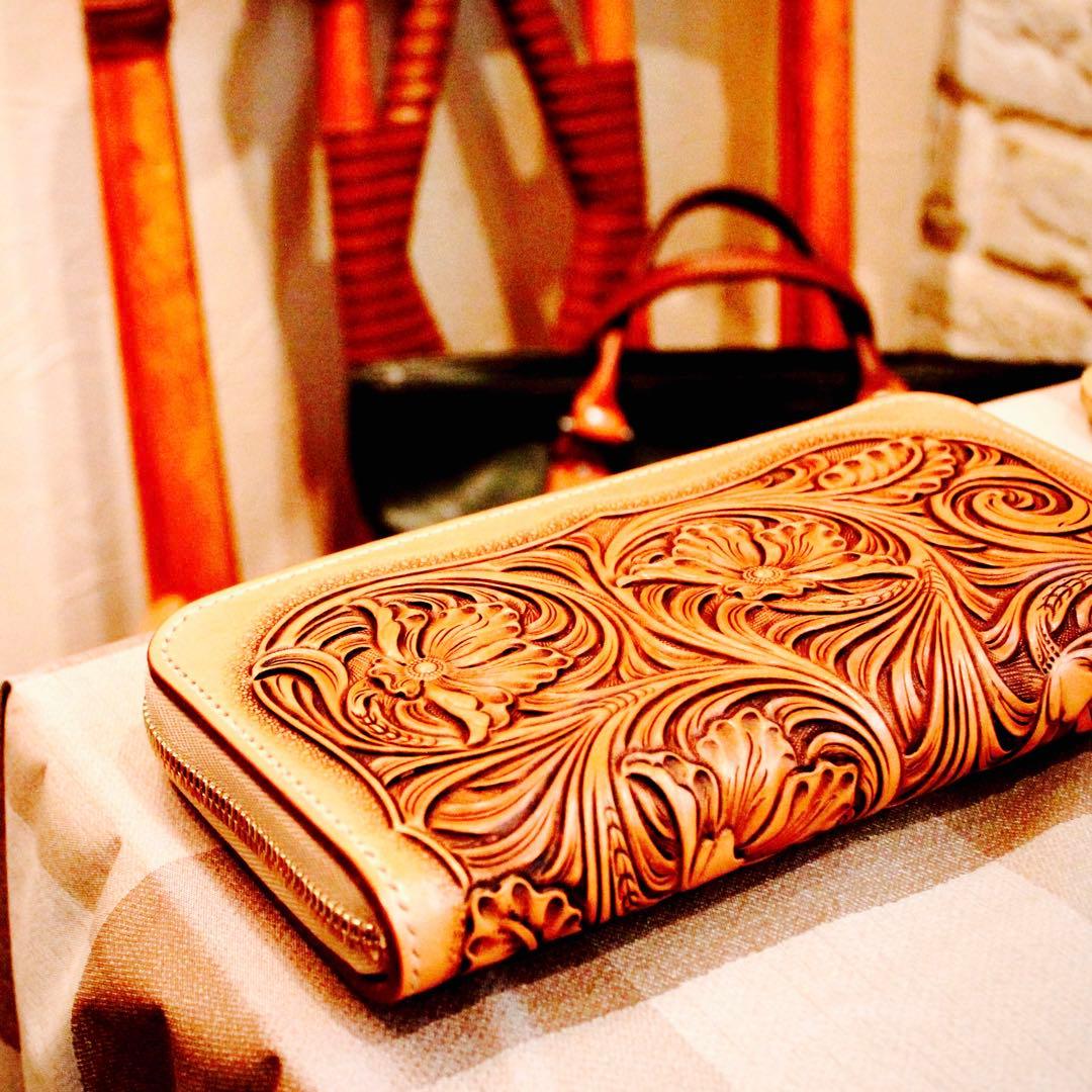 (依頼受付中)ラウンドファスナーウォレット 【カービング /ナチュラル】