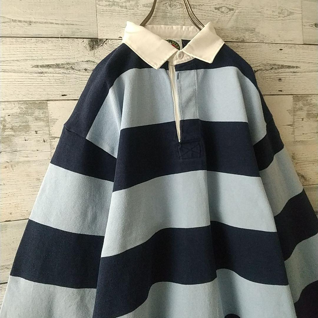 人気サイズ☆バーバリアン 太ボーダー 刺繍 米企業ロゴ ラガーシャツ XL