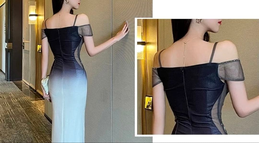 グラデーションにビジューが美しい スリット入りロングドレス