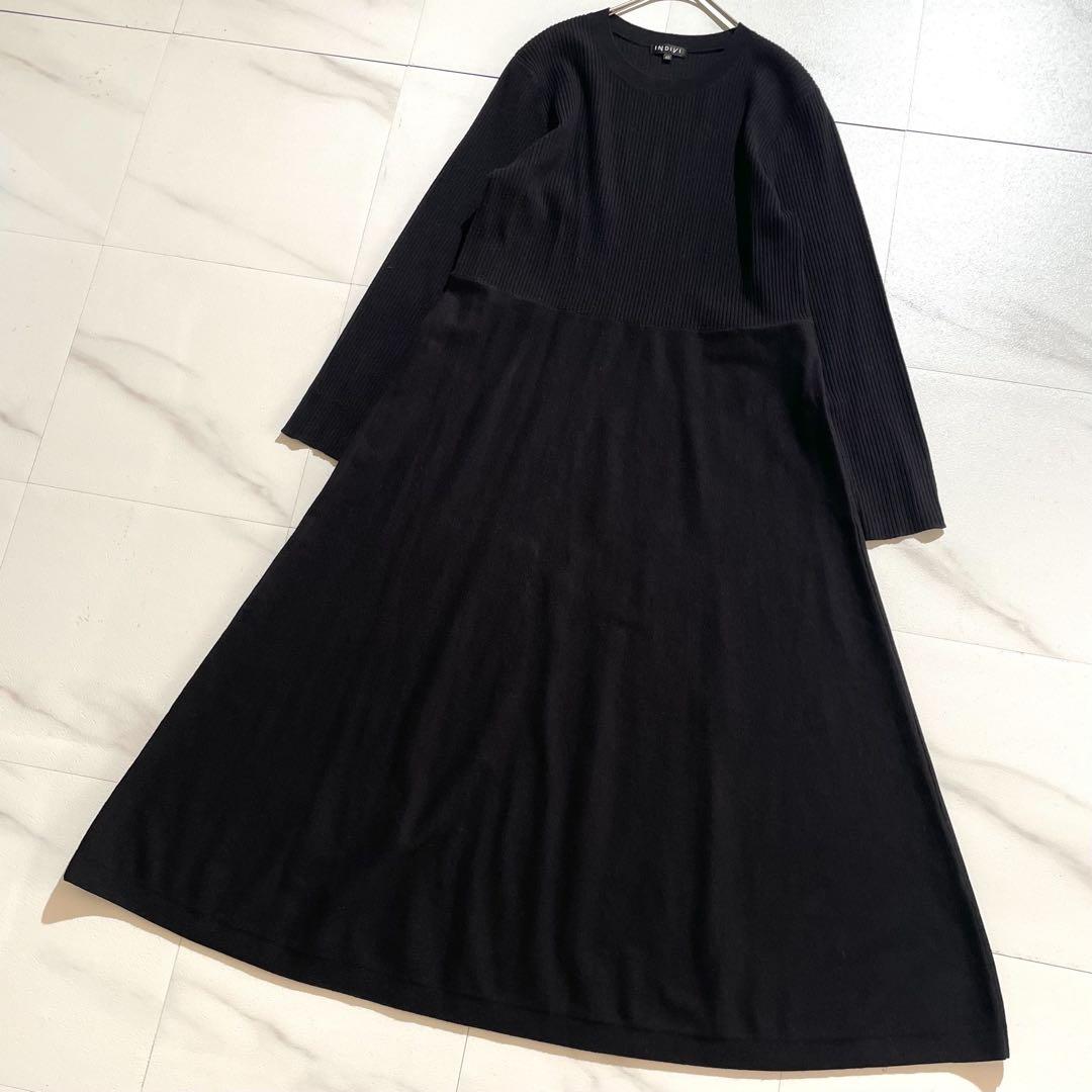 美品 インディヴィ フィット&フレアニットワンピース 40 ブラック 洗える