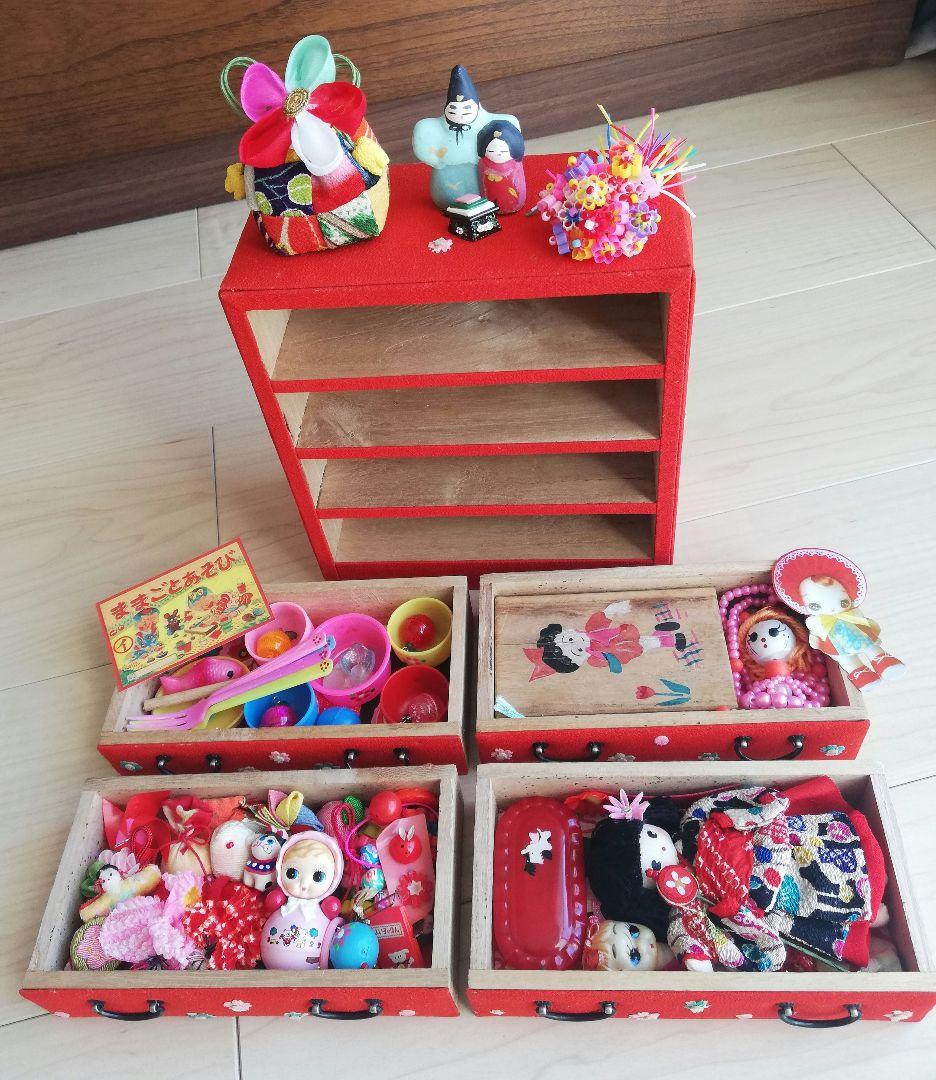 昭和レトロ　雛道具　ミニチュア布張りタンス　文化人形　ヘロヘロ人形　着せ替え人形