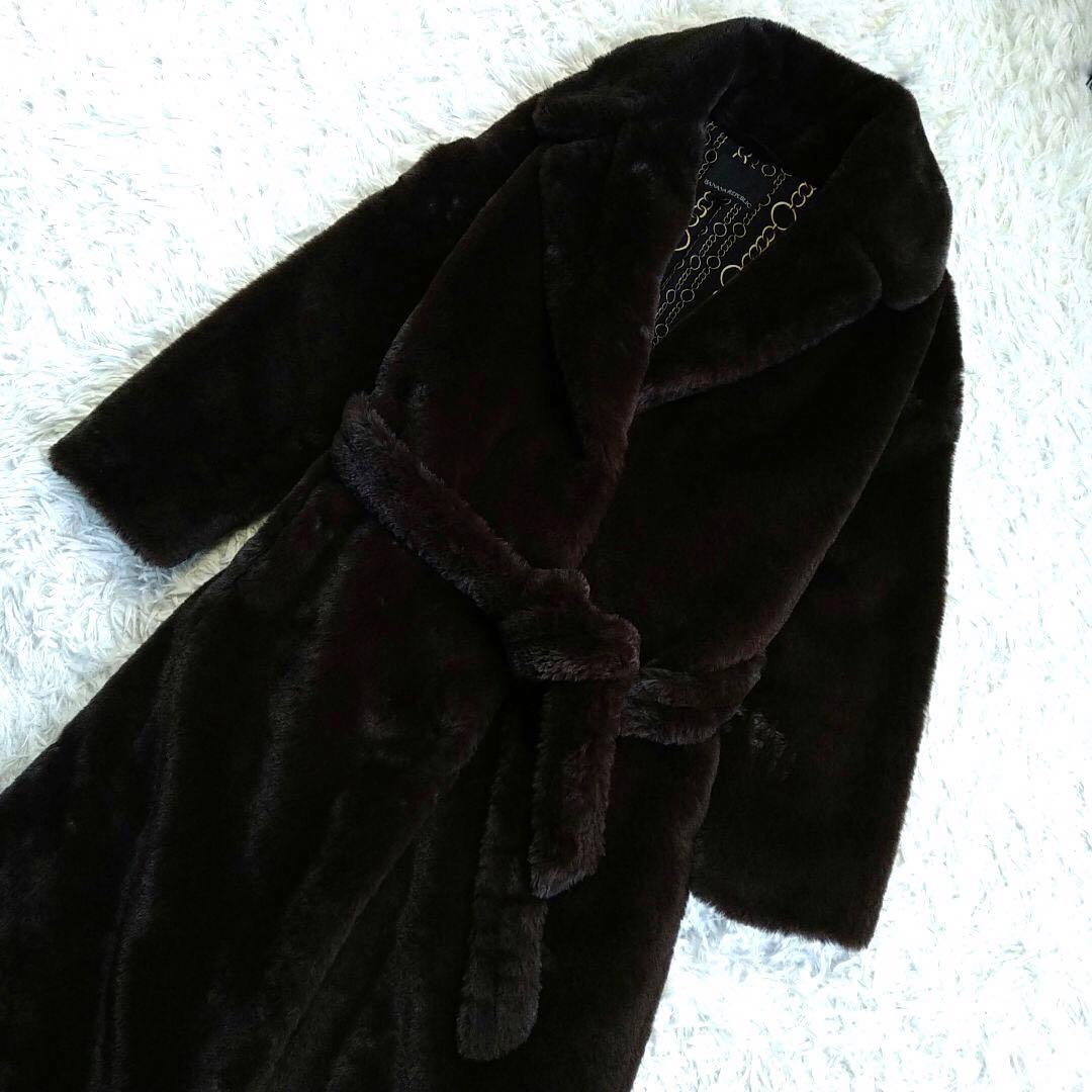 美品★バナナリパブリック ベルテッド フェイクファー ロングコート 茶色 M