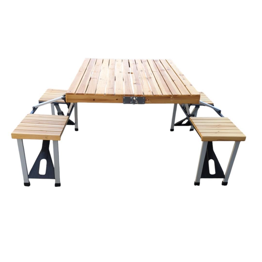 ウッドテーブル 椅子 一体型 テーブルセット 折りたたみ式 キャンプ 椅子4脚付