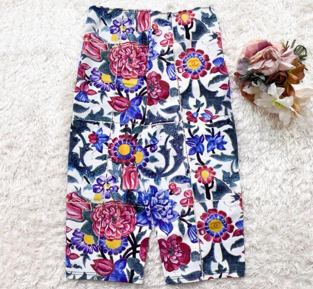 CHANEL 花柄 ストレッチパンツ 膝が隠れる丈34