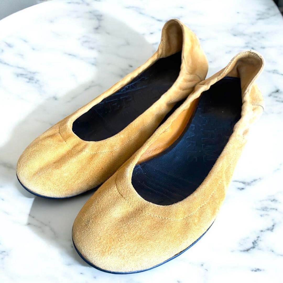 靴 HERMES Suede Ballet Shoes Pumps Camel