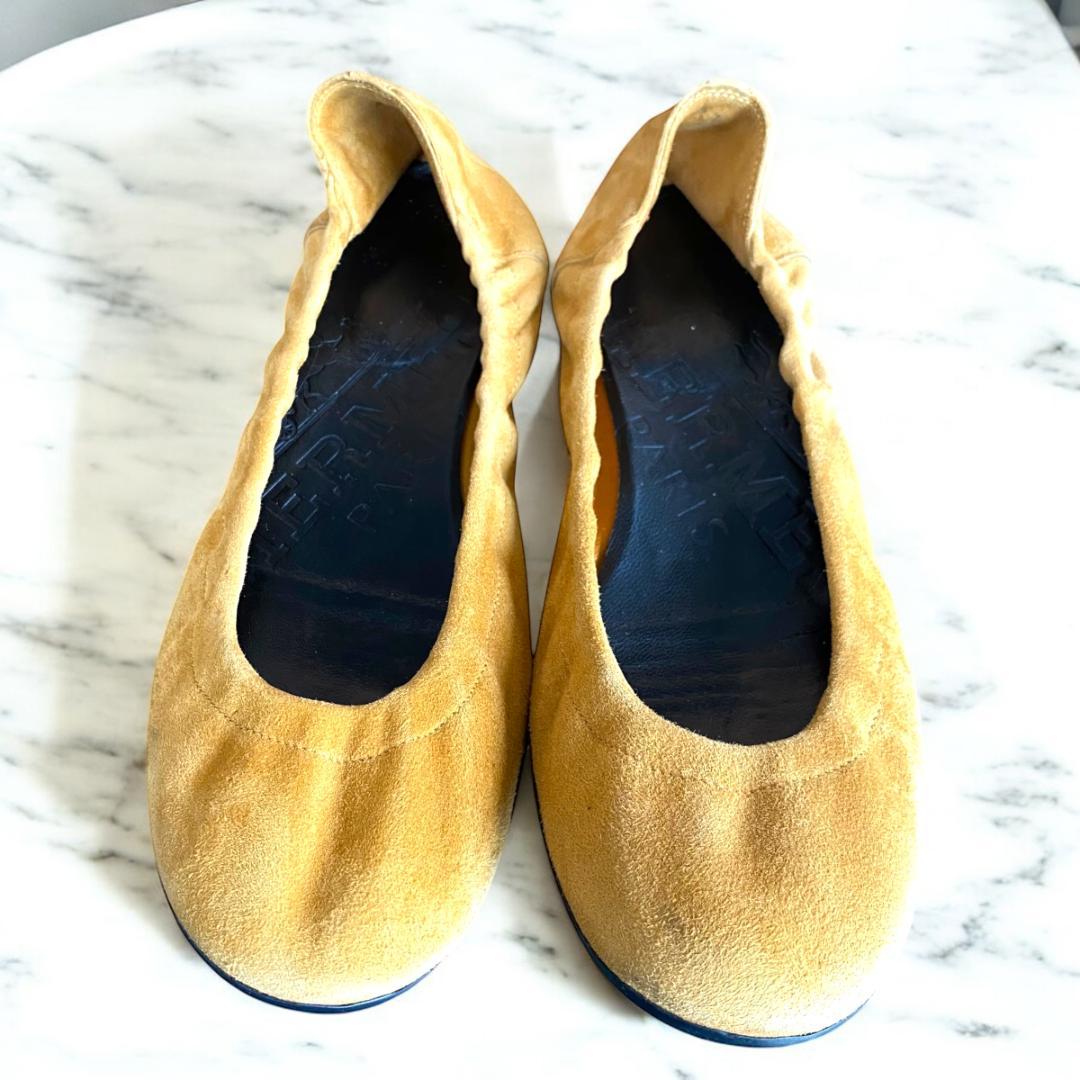 靴 HERMES Suede Ballet Shoes Pumps Camel