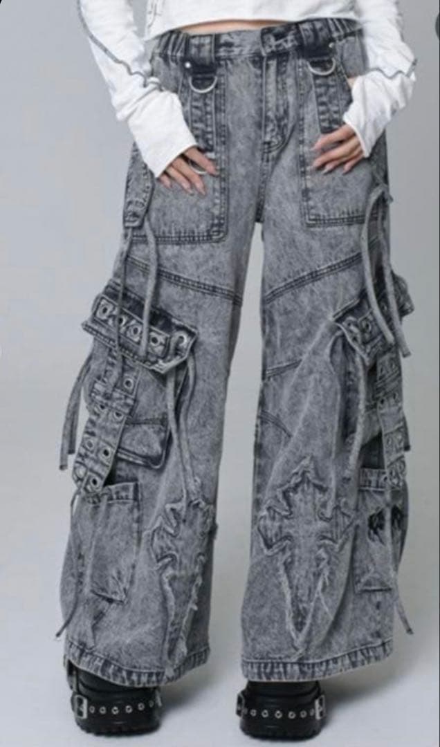 【美品】レフレム　クロスパッチ　ワイド　デニムパンツ　カーゴパンツ　フリーサイズ