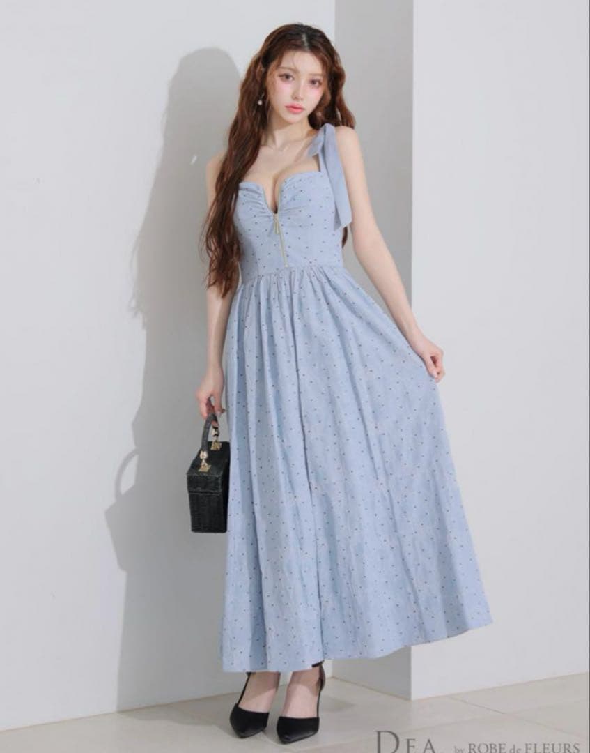 ローブドフルール DEA ショルダーリボンドレス ブルー M