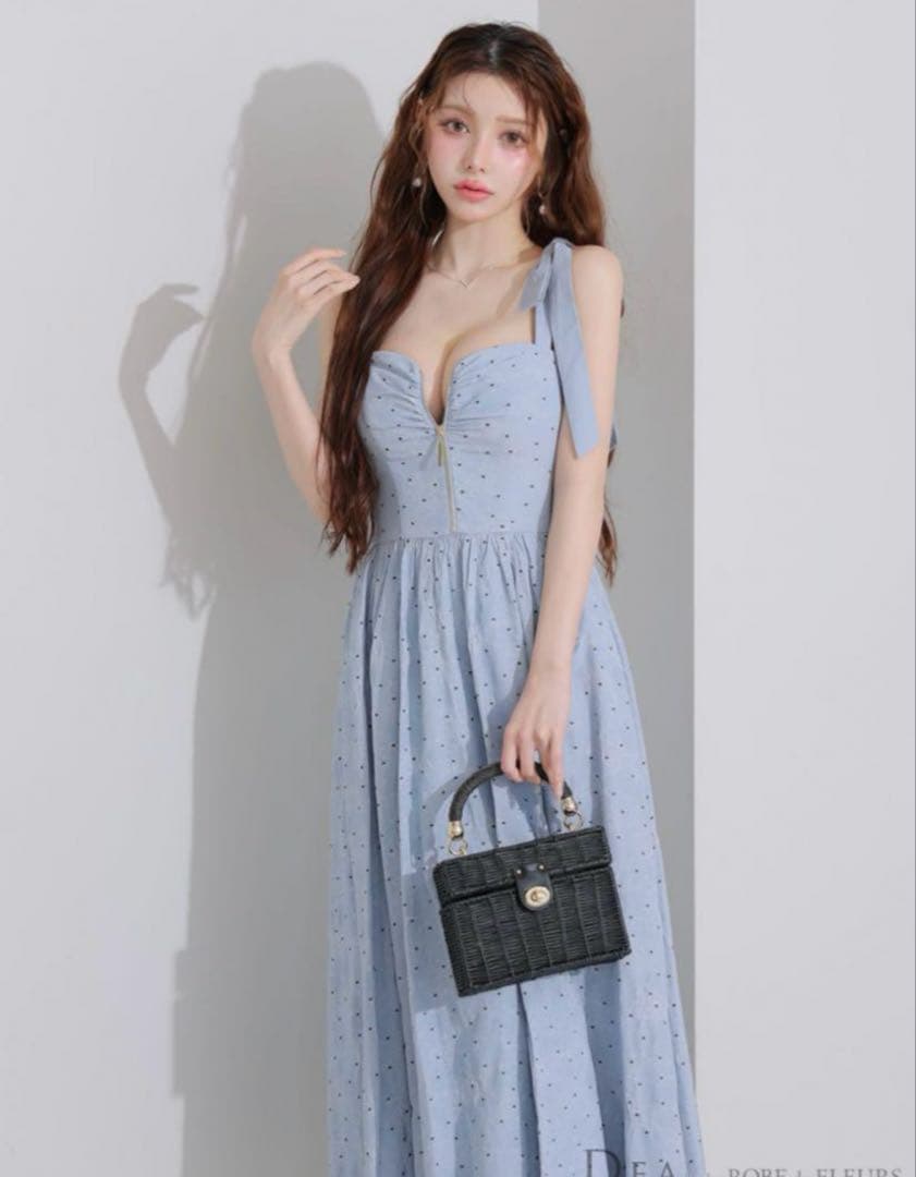 ローブドフルール DEA ショルダーリボンドレス ブルー M