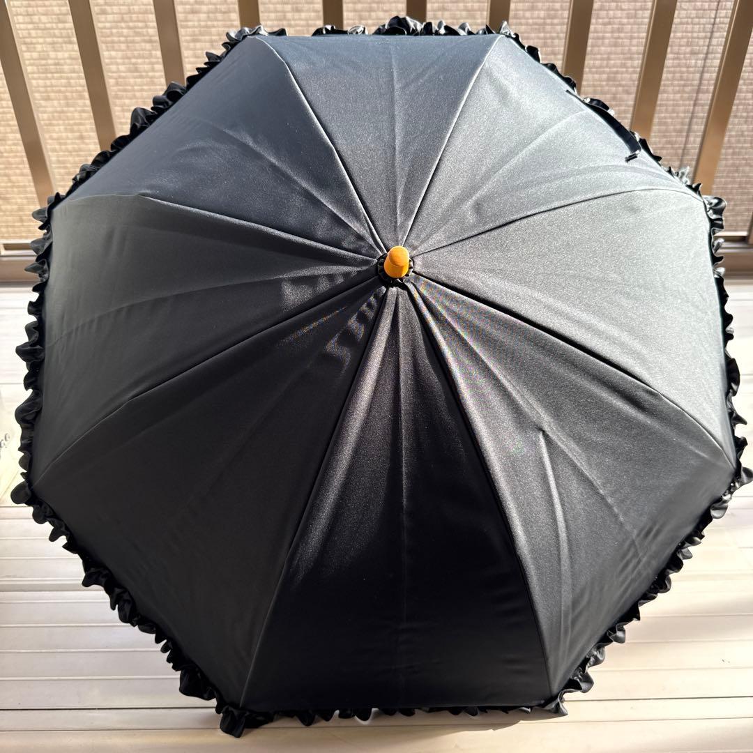 サンバリア100 折りたたみ日傘 2段折 フリル ブラック　木曲がり手元