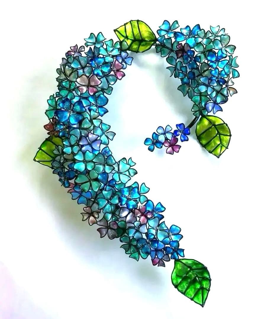特大サイズ　ブルーグリーン紫陽花リース　ワイヤークラフト　ディップアート　アート