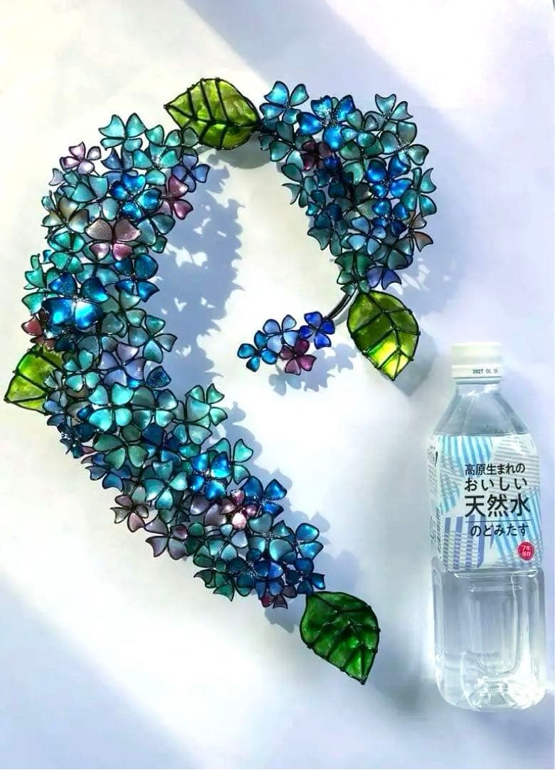 特大サイズ　ブルーグリーン紫陽花リース　ワイヤークラフト　ディップアート　アート