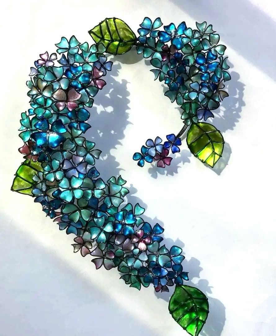 特大サイズ　ブルーグリーン紫陽花リース　ワイヤークラフト　ディップアート　アート