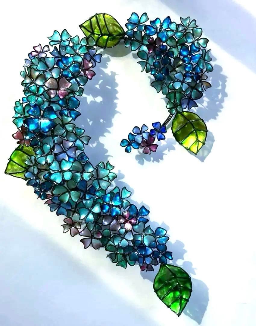 特大サイズ　ブルーグリーン紫陽花リース　ワイヤークラフト　ディップアート　アート