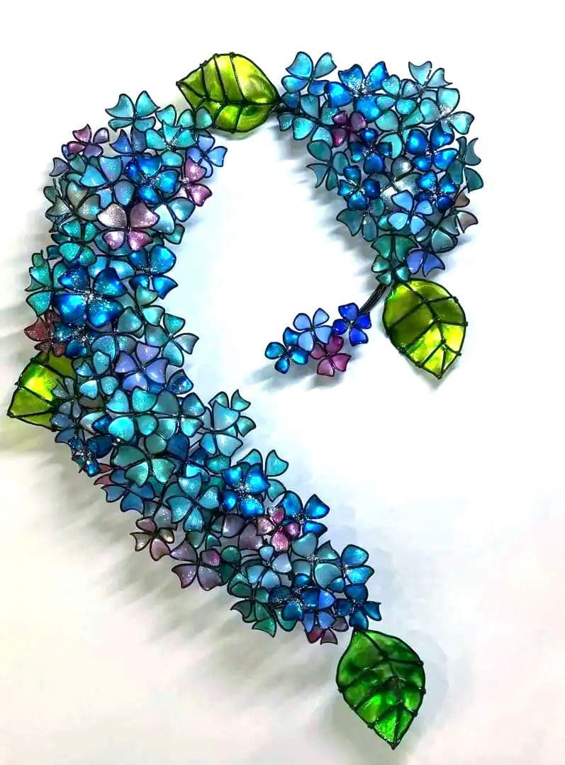 特大サイズ　ブルーグリーン紫陽花リース　ワイヤークラフト　ディップアート　アート