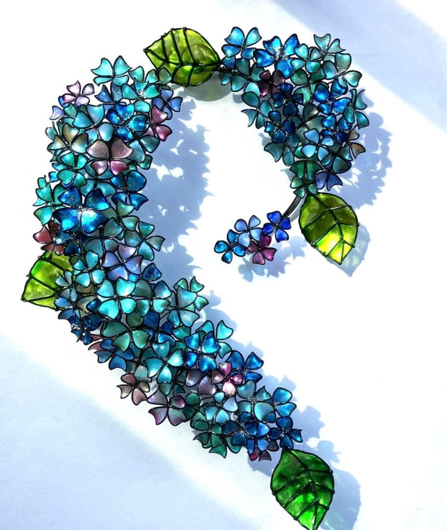 特大サイズ　ブルーグリーン紫陽花リース　ワイヤークラフト　ディップアート　アート