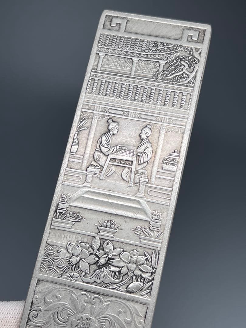 中国美術　琴棋書画4枚セット　文鎮　金属工芸　浮彫　刻印あり　厚重　コレクション