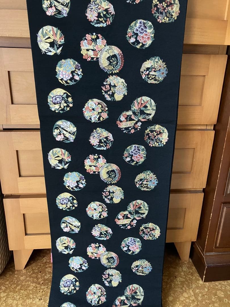 黒地に多彩な扇子模様 袋帯