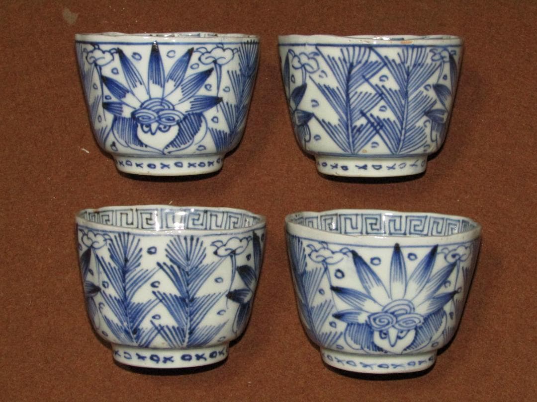 【染付　線描き　孔雀文　インディアン模様　猪口　１０点】古伊万里