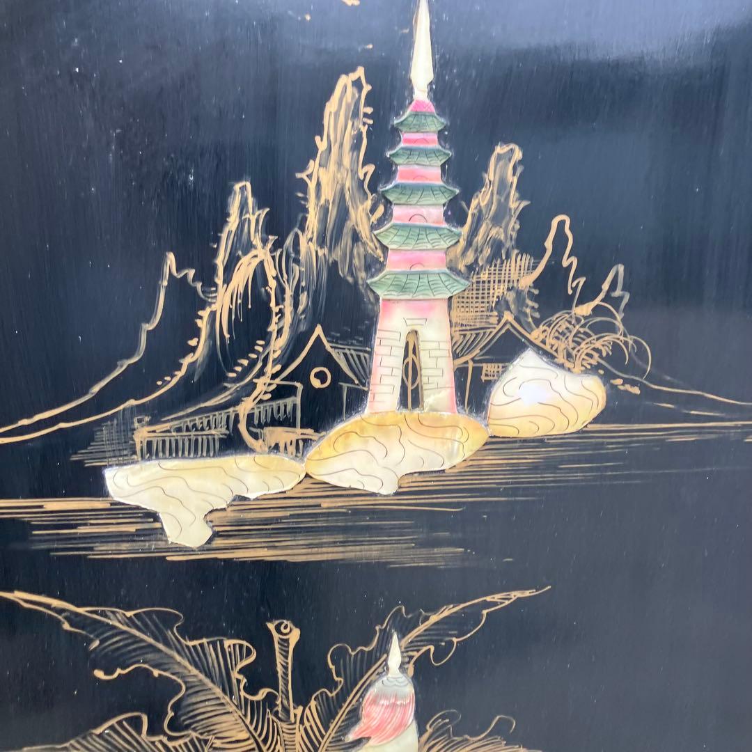 中国骨董 螺鈿細工 兵士 古典画装飾彫り 木製 4連パーテーション 衝立 屏風