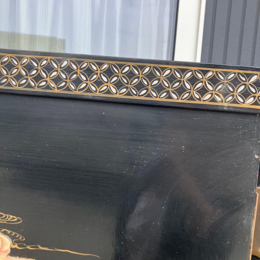 中国骨董 螺鈿細工 兵士 古典画装飾彫り 木製 4連パーテーション 衝立 屏風