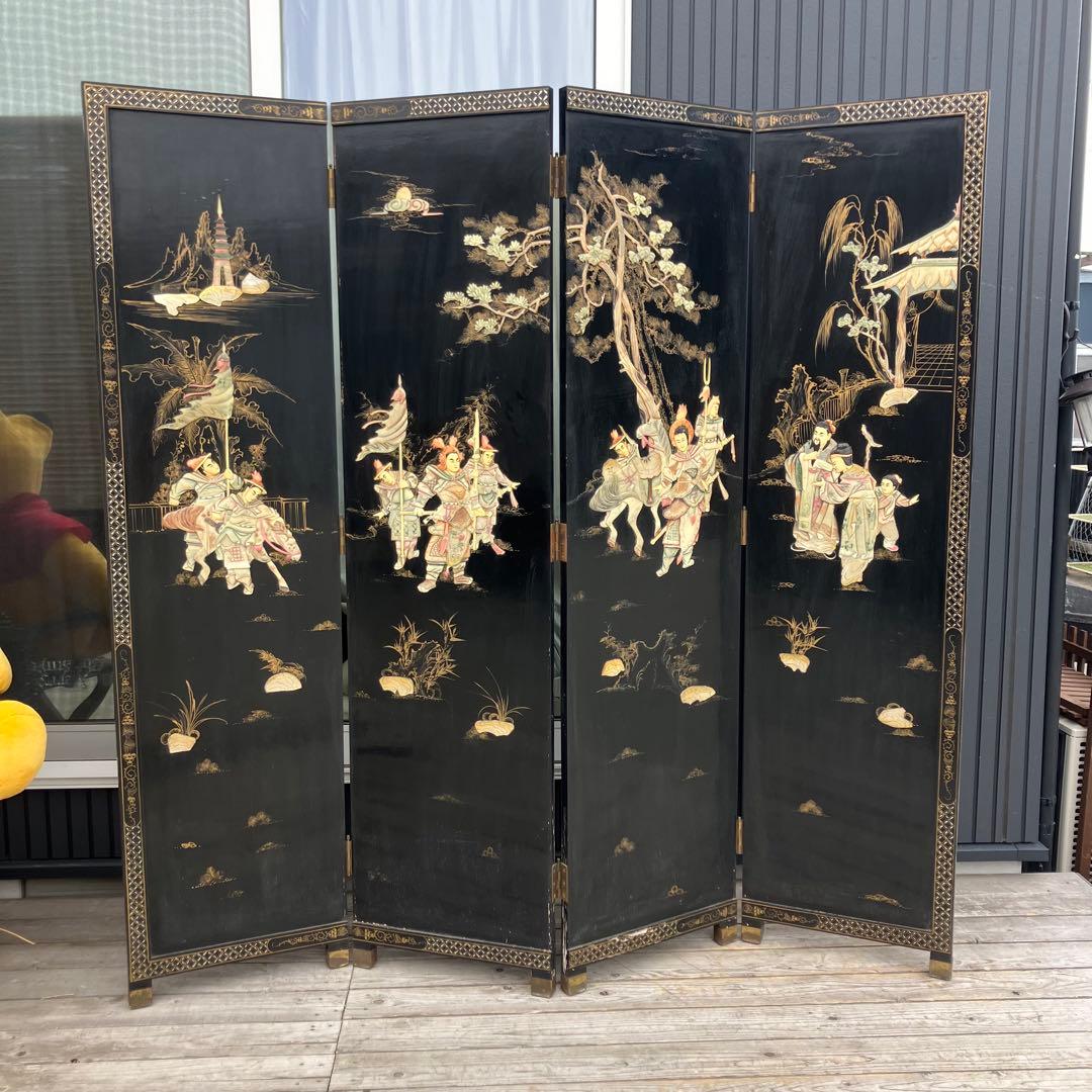 中国骨董 螺鈿細工 兵士 古典画装飾彫り 木製 4連パーテーション 衝立 屏風