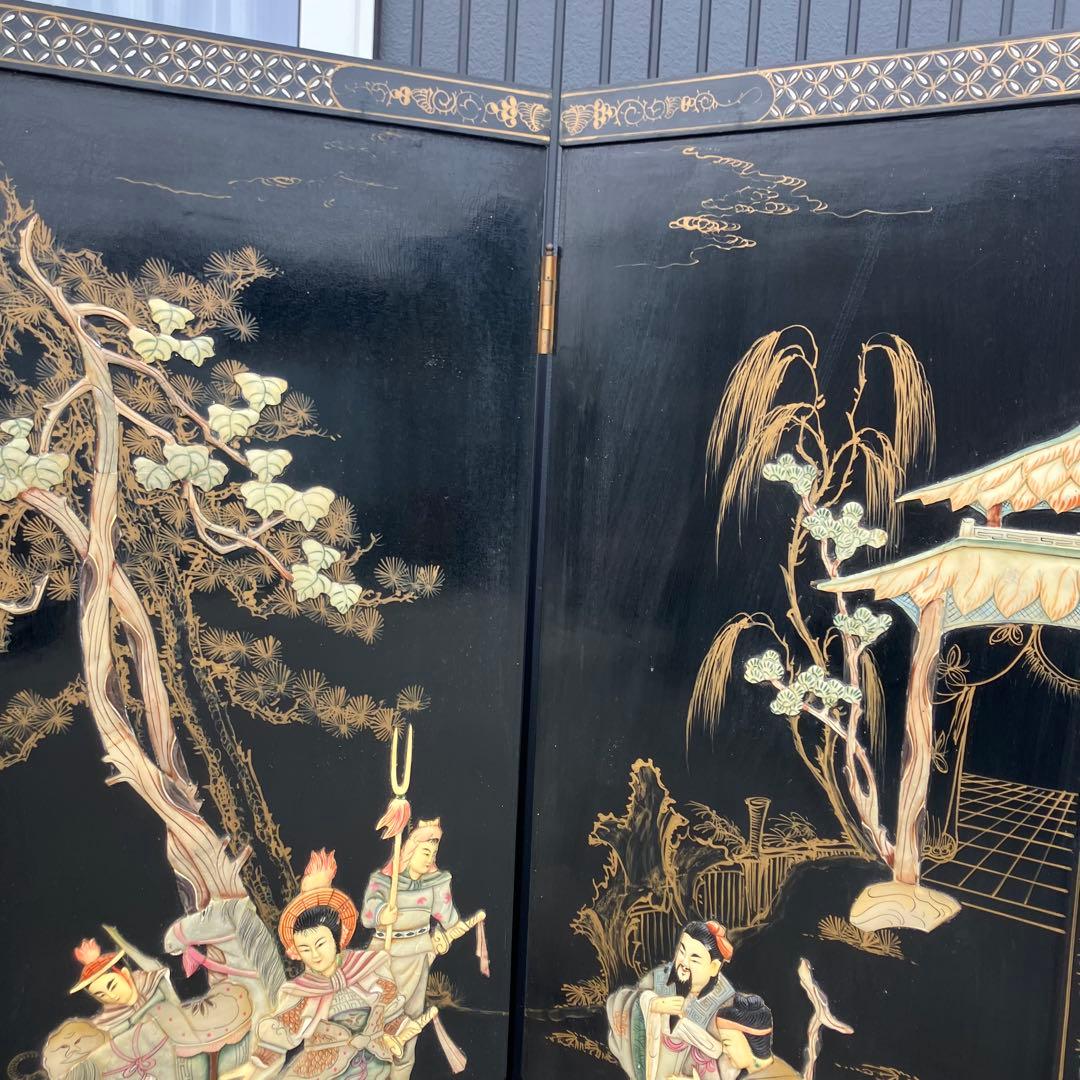 中国骨董 螺鈿細工 兵士 古典画装飾彫り 木製 4連パーテーション 衝立 屏風