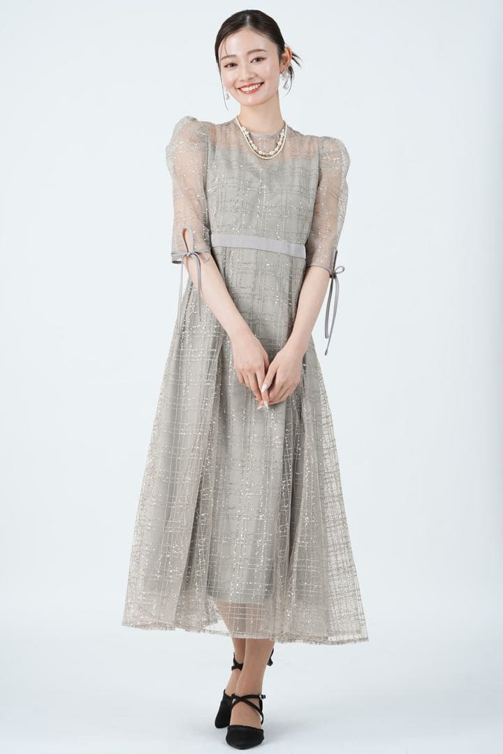 【Leja】チェックスパンコールリボンワンピースドレス