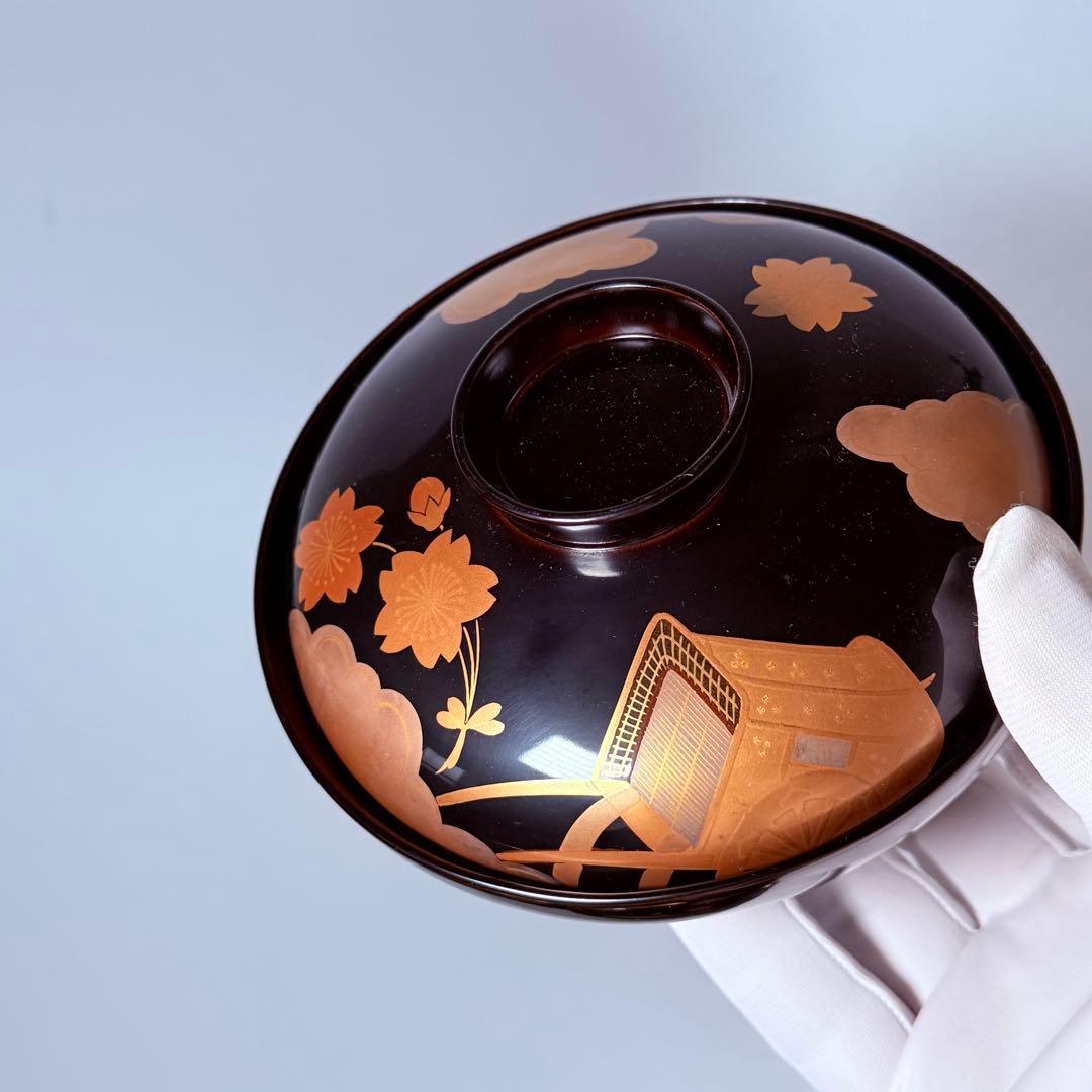 輪島塗　武田漆器店　金蒔絵牛車桜文吸物椀　国産漆100％使用　共箱　資産家特注品