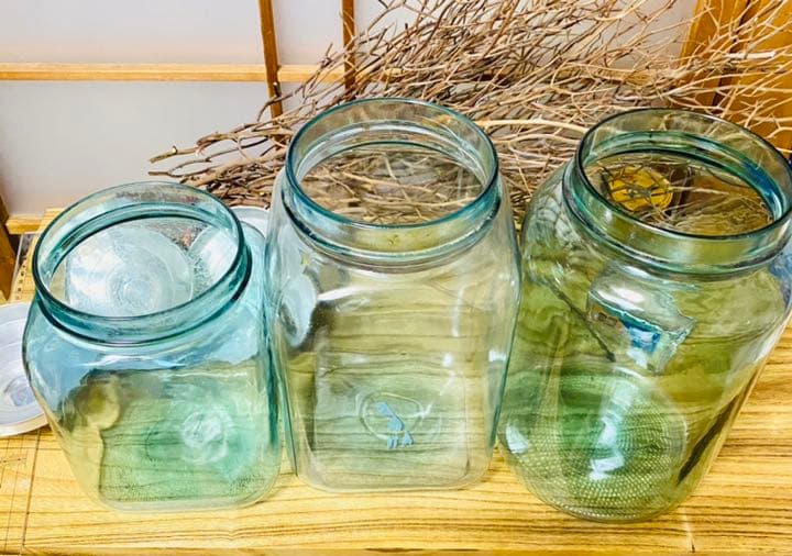 青鬼　レトロ　飴屋瓶　アルミ蓋付　ガラス瓶　気泡ビン　アンティーク　3個