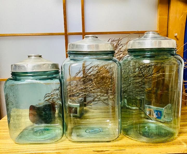 青鬼　レトロ　飴屋瓶　アルミ蓋付　ガラス瓶　気泡ビン　アンティーク　3個