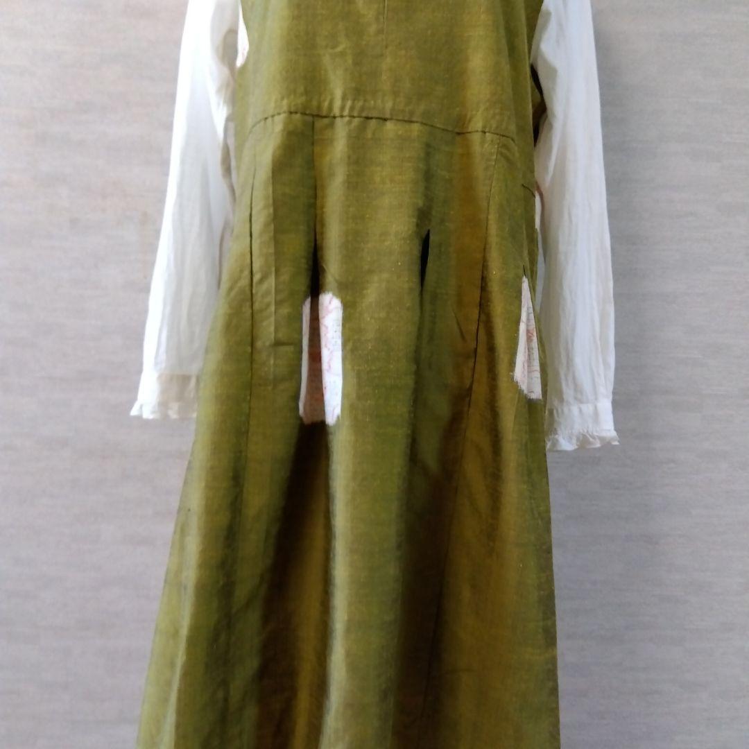 2026J010 　着物リメイク　辛子色の十日町紬　ジャンパースカート