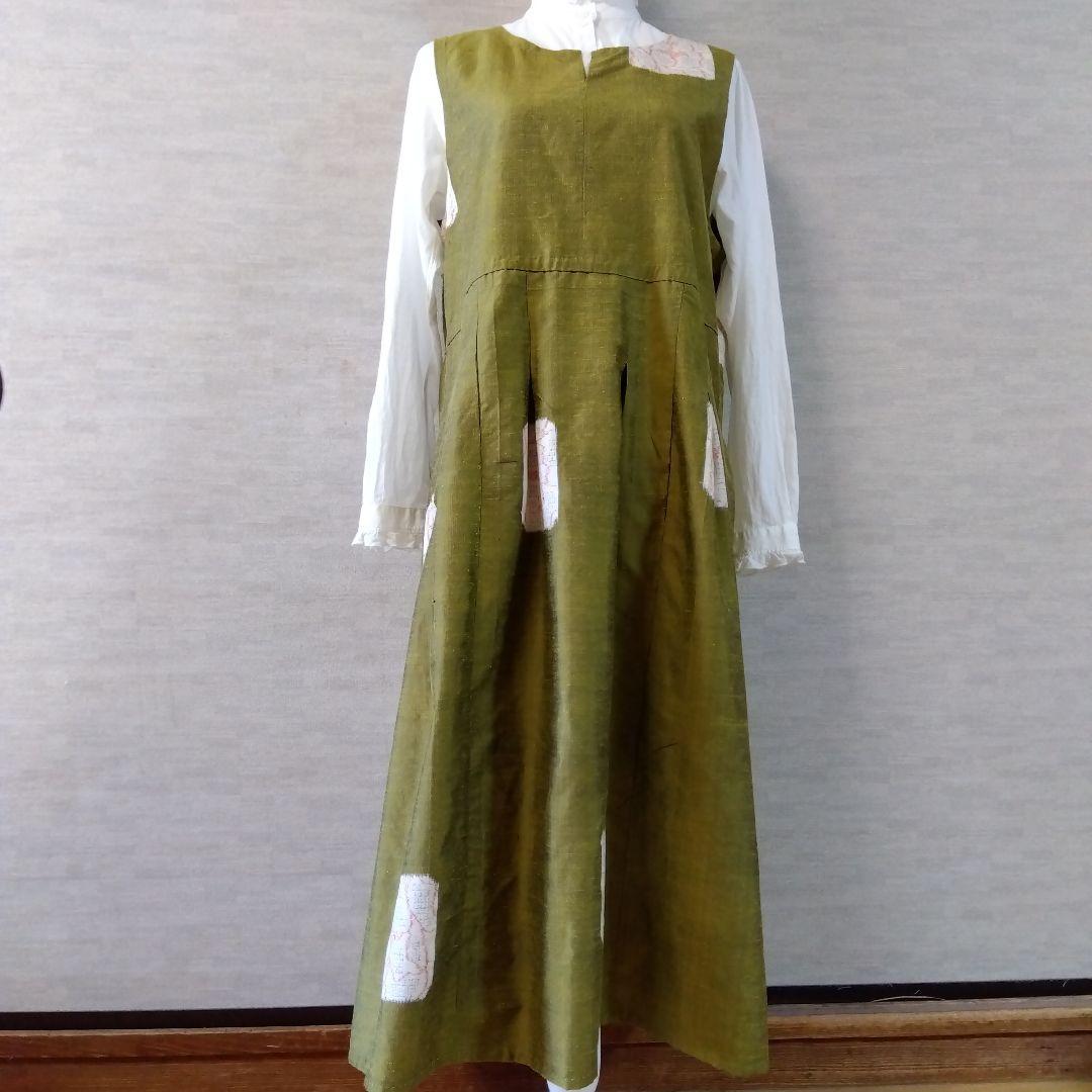 2026J010 　着物リメイク　辛子色の十日町紬　ジャンパースカート