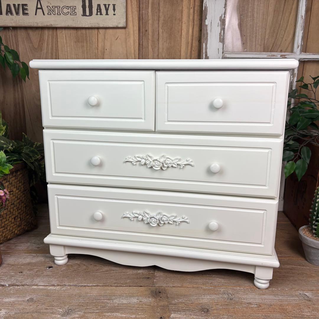 訳あり品！【99】フレンチ調ホワイトチェスト三段四つ引き木製収納家具姫系タンス