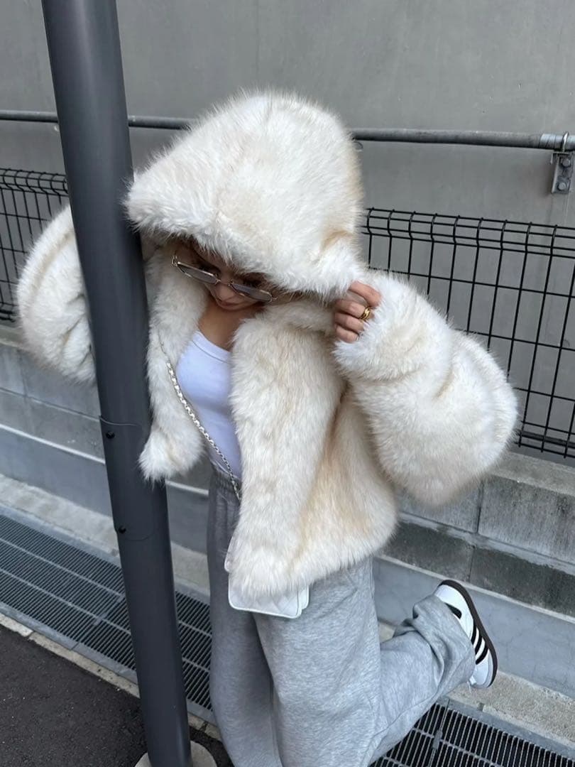 ジャケット・アウター DIANTE PREMIUM ECO FUR HOODIE COAT IVO