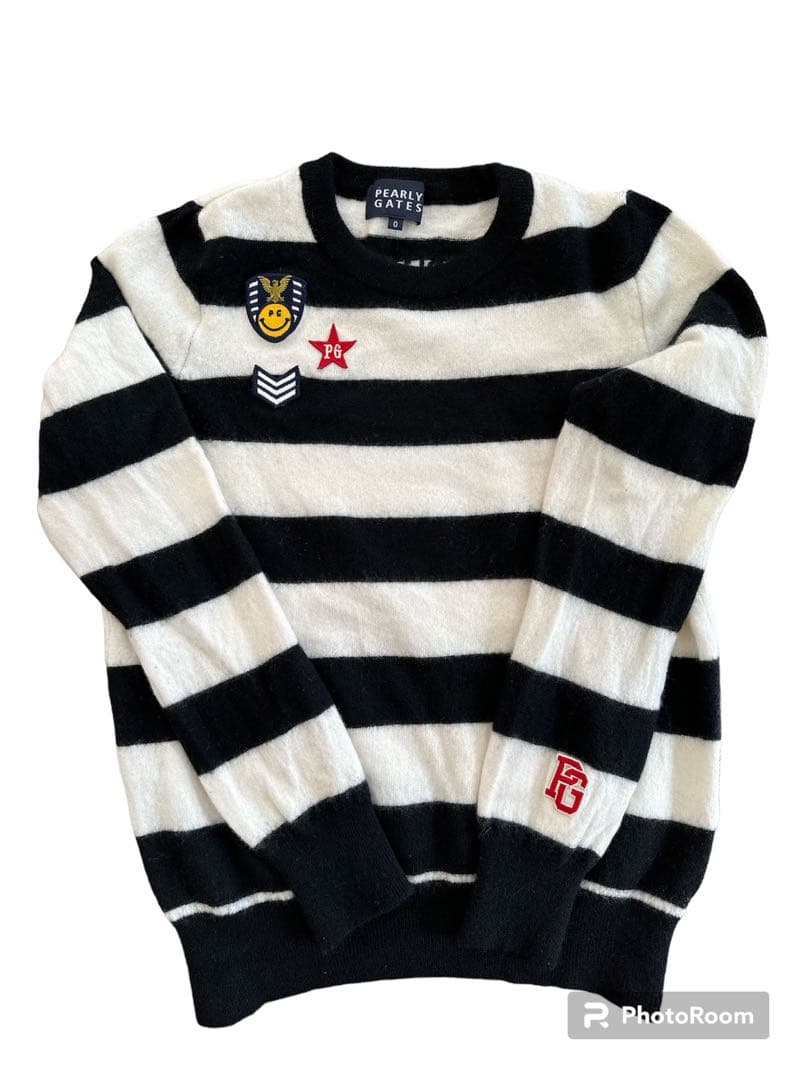 パーリーゲイツセーター ボーダー柄ワッペン 羊毛、カシミヤ ０サイズ