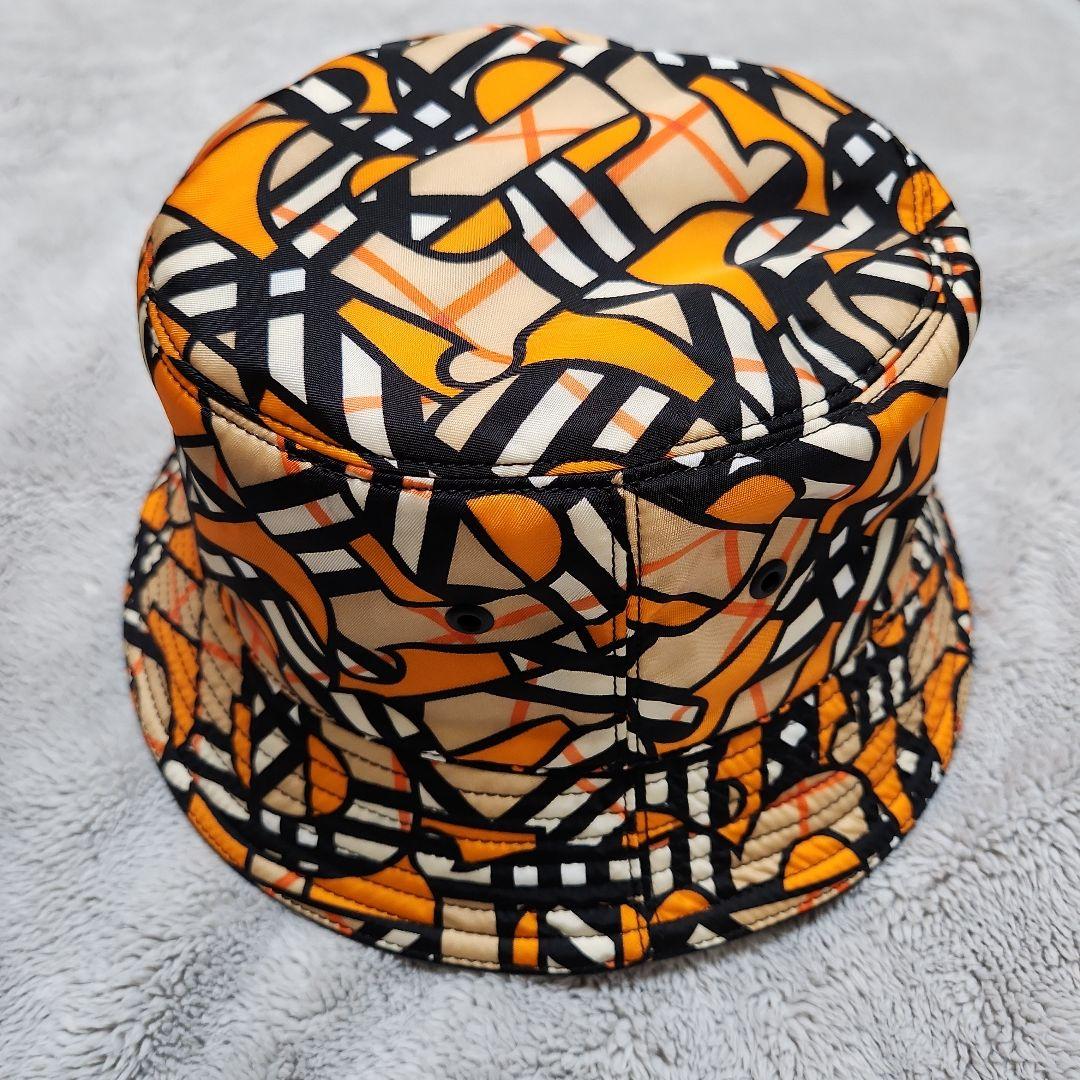 BURBERRY バーバリー バケットハット ハットM５７cm　オレンジ黒幾何学