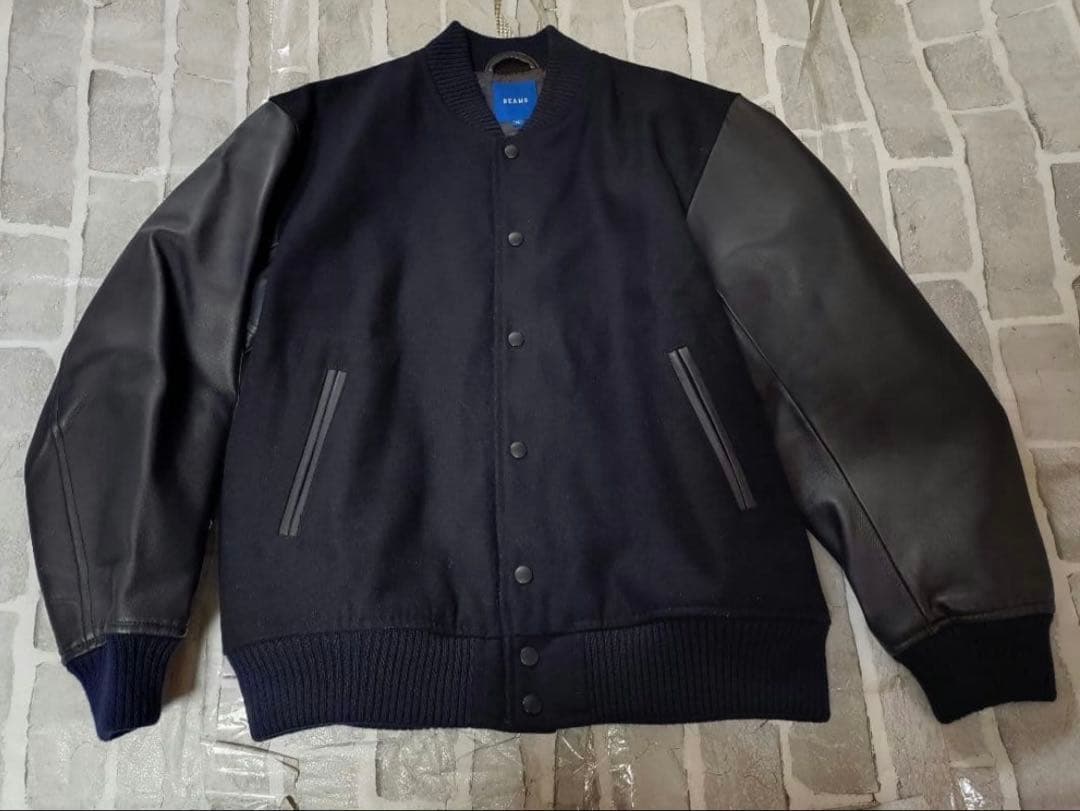 【XLサイズ】【ネイビー】【極美品】【BEAMS】【スタジャン】【羊革】袖レザー