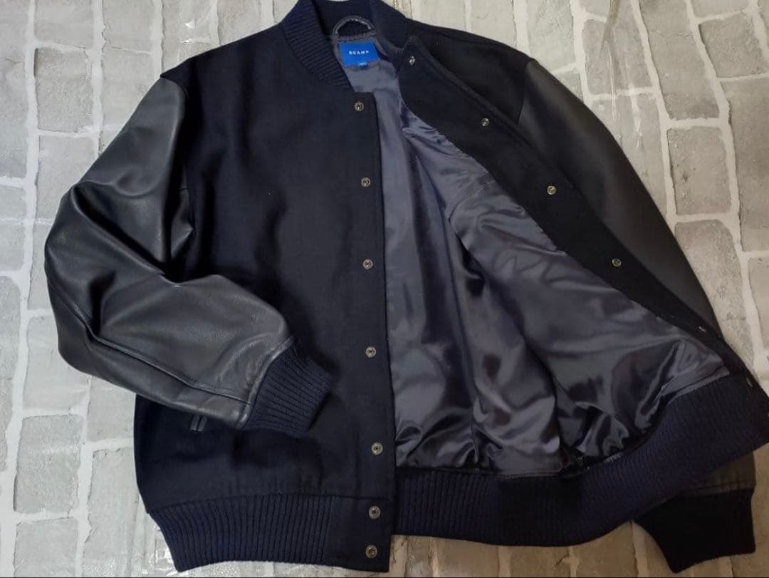 【XLサイズ】【ネイビー】【極美品】【BEAMS】【スタジャン】【羊革】袖レザー