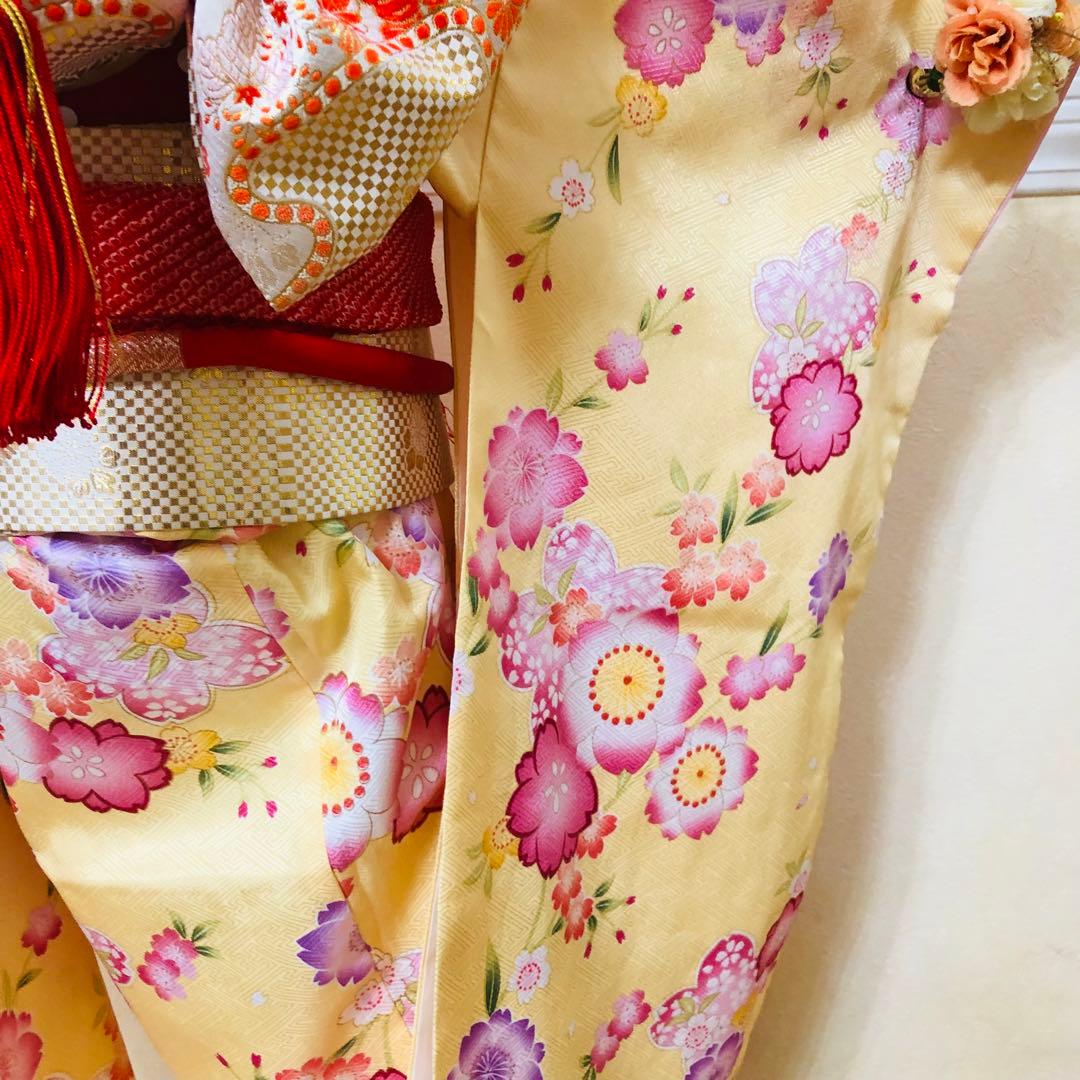 七五三七歳未使用着物‼️薄イエロー系⭐︎桜舞い散る金彩煌びやか際立つ⭐︎安心フルセット