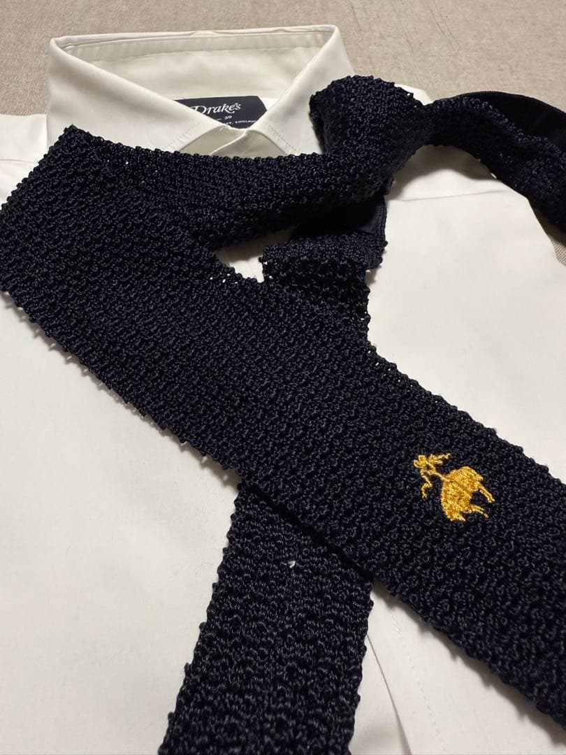 Brooks Brothers／ニットソリッドタイ／ロゴ刺繍／ネイビー／伊製