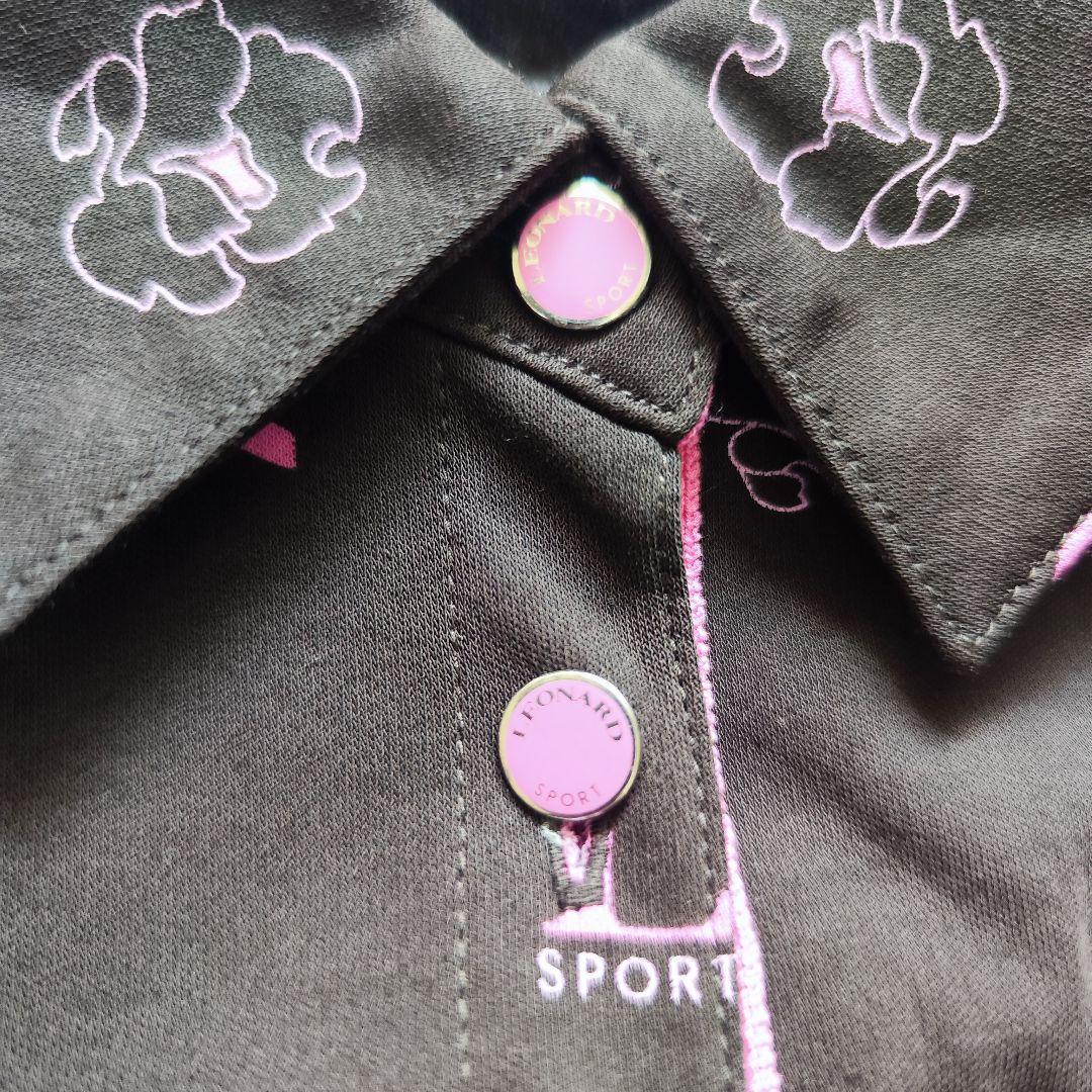 【未使用級】レオナール長袖コットンポロシャツ 総ロゴマーク花柄ブラウン42XL