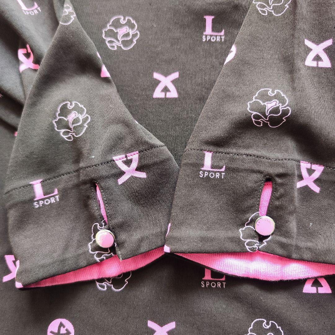 【未使用級】レオナール長袖コットンポロシャツ 総ロゴマーク花柄ブラウン42XL