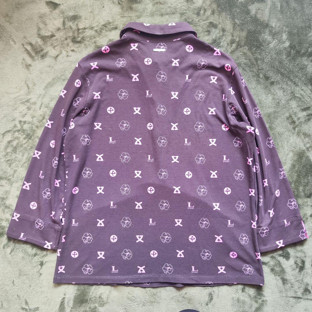 【未使用級】レオナール長袖コットンポロシャツ 総ロゴマーク花柄ブラウン42XL