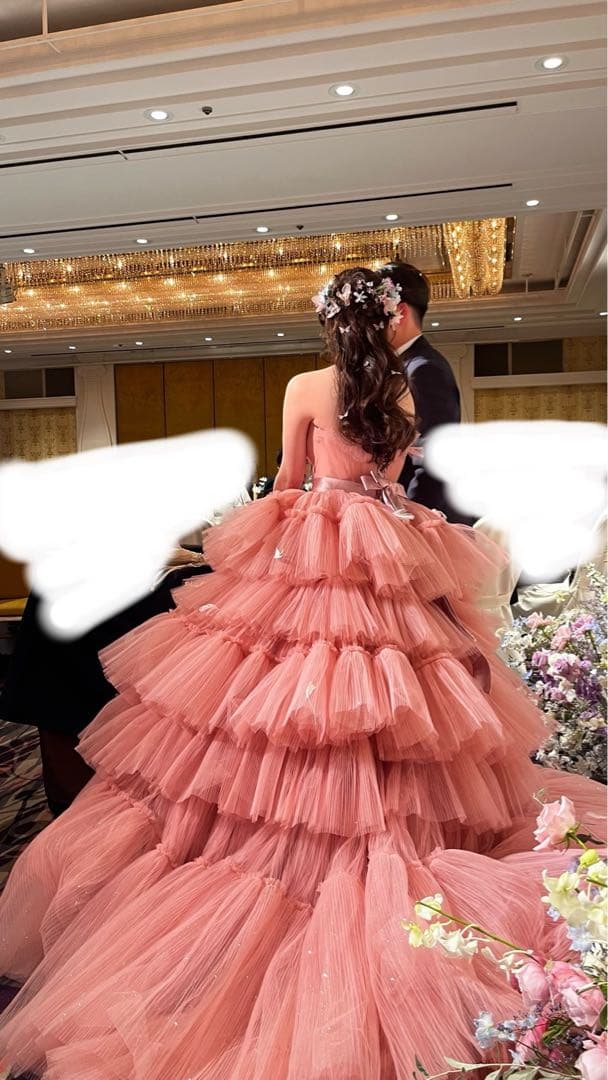 【送料込】ピンク グリッター カラードレス パニエ付 ボリュームチュールドレス