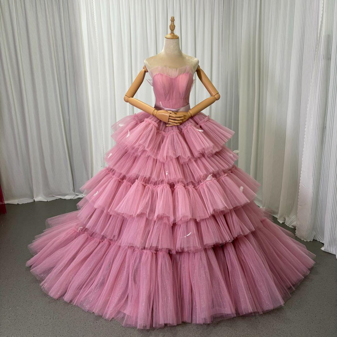 【送料込】ピンク グリッター カラードレス パニエ付 ボリュームチュールドレス