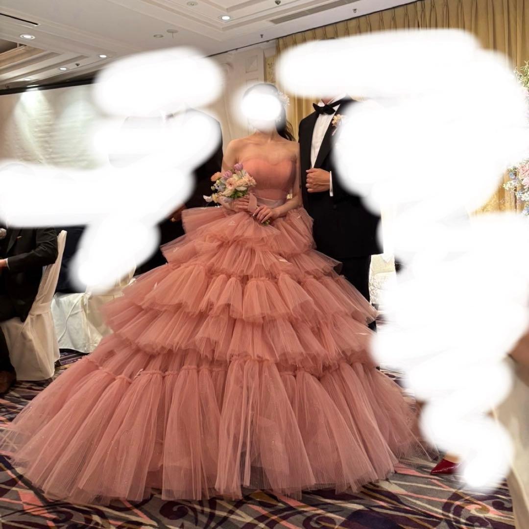 【送料込】ピンク グリッター カラードレス パニエ付 ボリュームチュールドレス