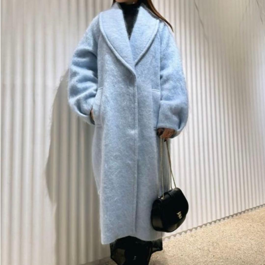 【SNIDEL】シャギーロングコート ブルー モヘア混