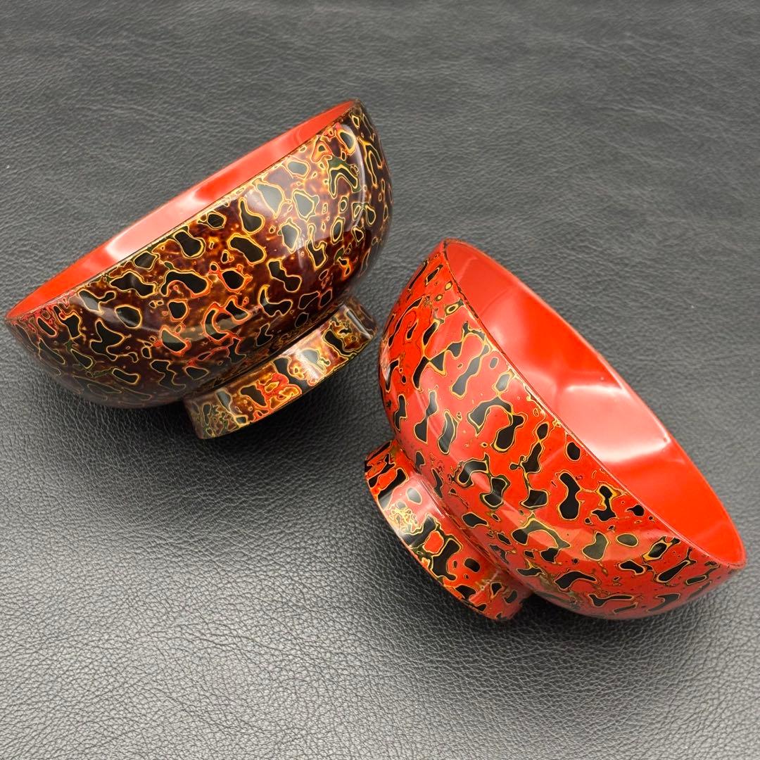 未使用【津軽塗】唐塗 《椀 箸 箸置き》ペア セット/夫婦椀 組椀