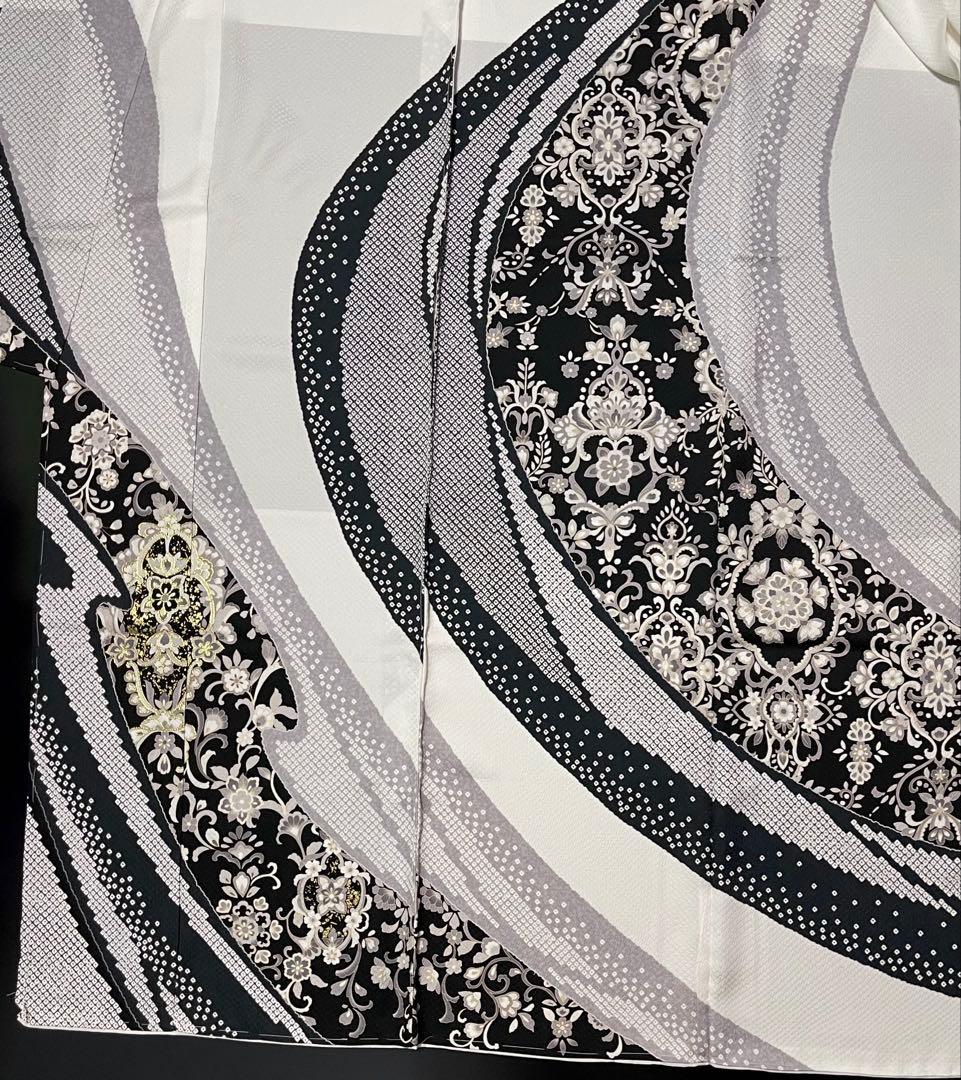 特選金彩訪問着【エキゾチック更紗唐花◆白×黒】疋田文様浮かぶ紋意匠地